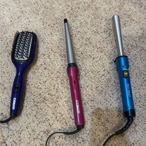 Conair hair straightener (left) Conair curling wand, Bedhead tapered curing wand
